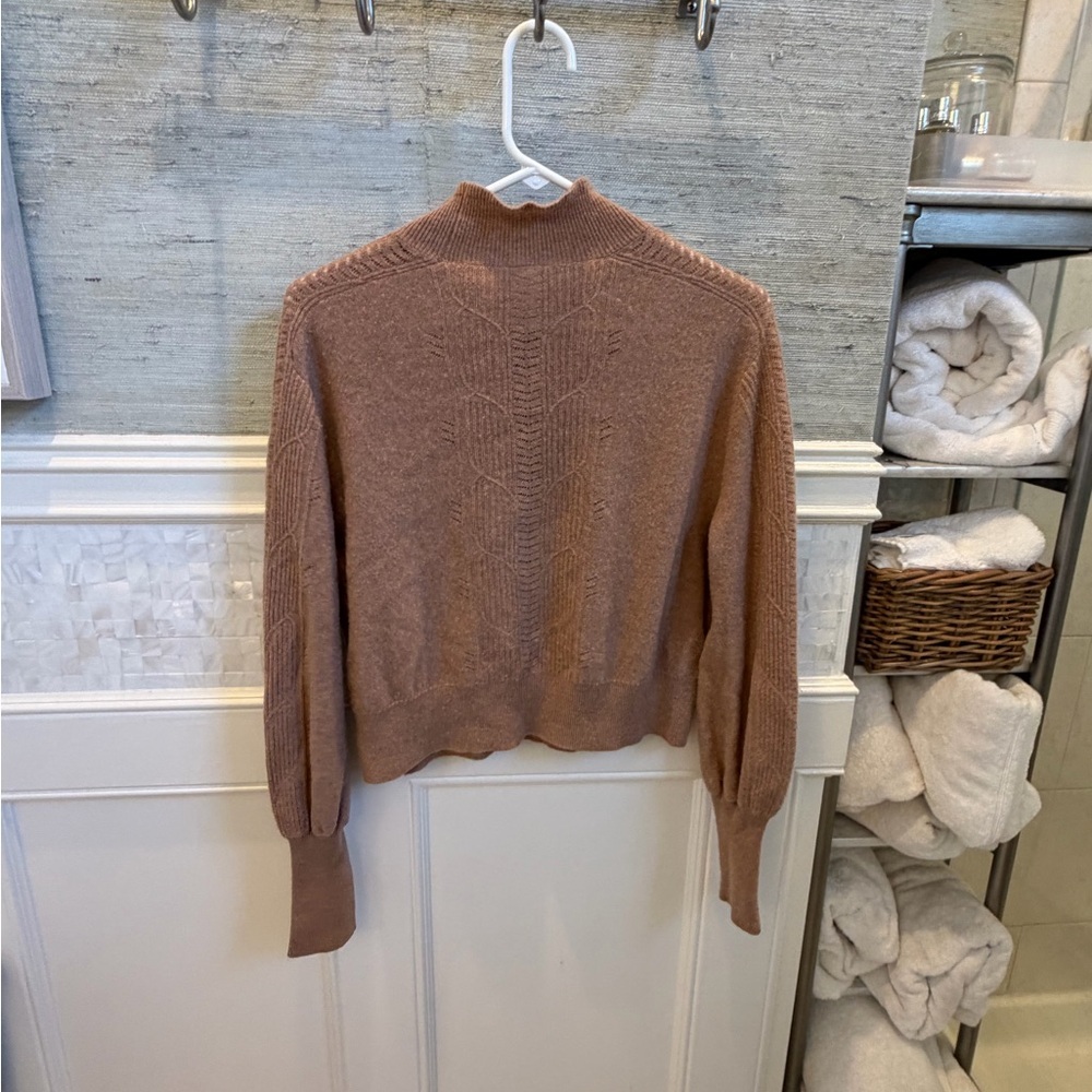 Small Anthropologie cashmere ruffle sweater mock neck cable knit honey tan - Picture 13 of 16